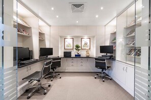 Work in comfort with two desks and ample shelving for your office essentials.